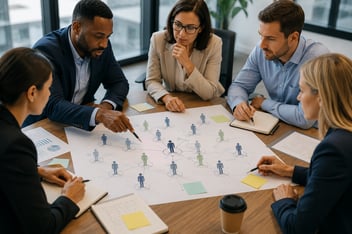 Business professionals gathered around a conference table reviewing a workforce planning strategy with organizational charts, notes, and planning documents during a collaborative meeting.