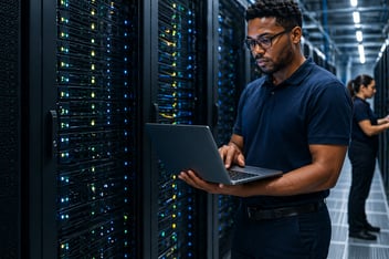 Man working on a computer in a data center. 