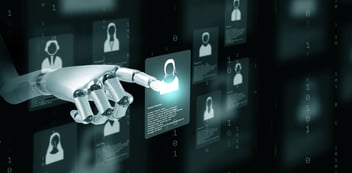 Concept of AI recruitment with robot hand selecting candidate profile on digital screen