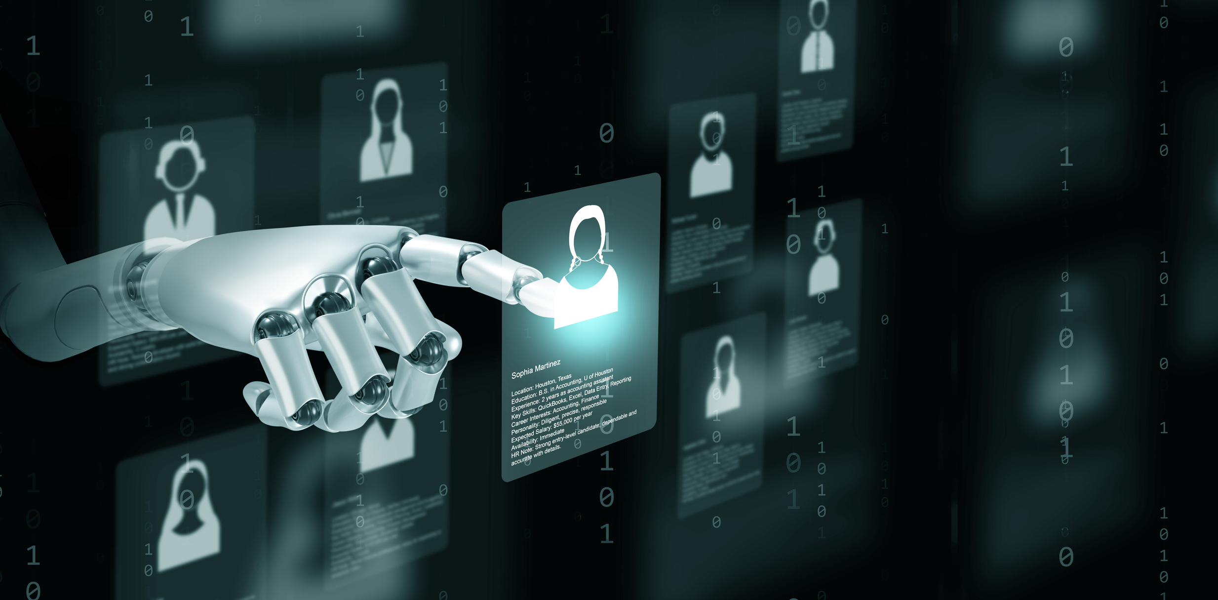 Concept of AI recruitment with robot hand selecting candidate profile on digital screen